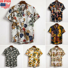 Load image into Gallery viewer, Men Linen Short Sleeve Shirt Summer Floral Loose Baggy Casual Holiday Shirts Tee Tops - manfastion